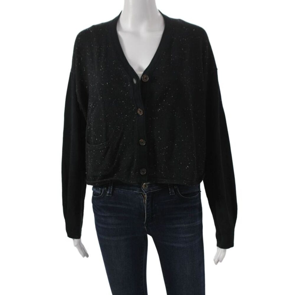 Margaret OLeary Women Cardigan Black 100% Cotton V-Neck Long Sleeve Size XS